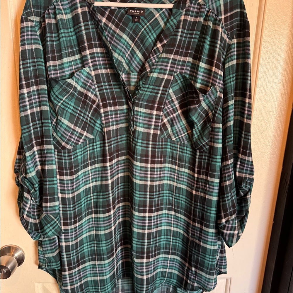 Torrid Teal and Black Plaid Blouse